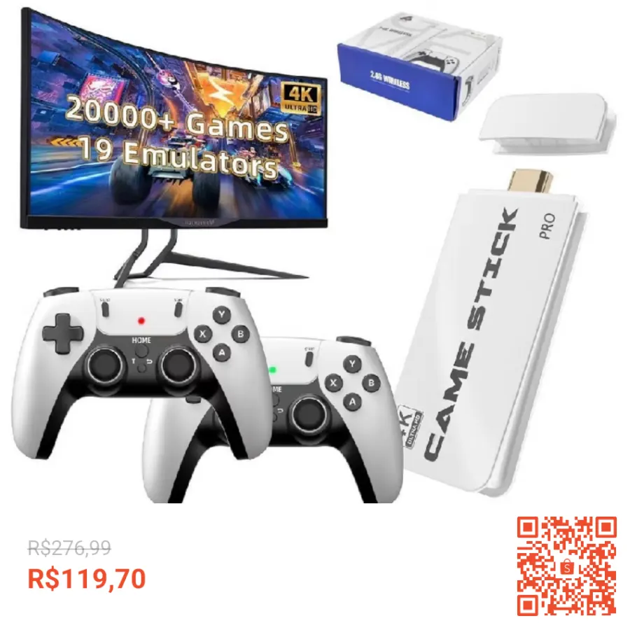 Vídeo Game Stick M15 Pro 4k 64gb Hdmi Com 2 Controles Se Fio +20mil Jogos